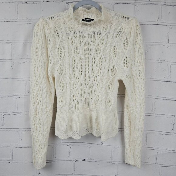 Cable Knit Cream Sweater Express With Ruffle Hem Womens S Wool Blend Soft Girlie - Picture 1 of 12